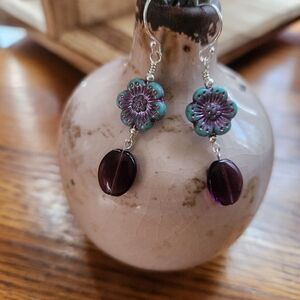Floral Purple and Silver Earrings